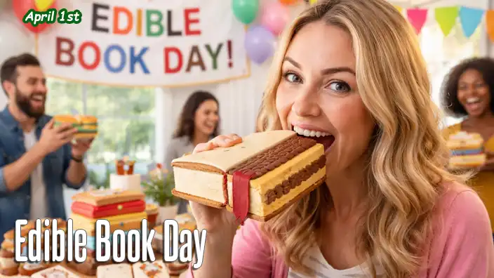 A smiling woman takes a bite of a cake shaped like a book at a festive Edible Book Day celebration, with colorful balloons and other book-themed desserts in the background.