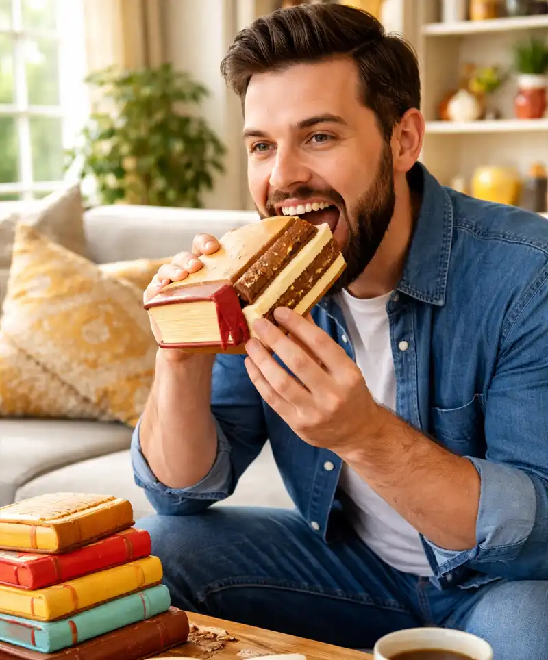 A man sits in a cozy living room, smiling as he takes a bite from a realistic book-shaped cake, with a coffee mug and more edible books on the table.