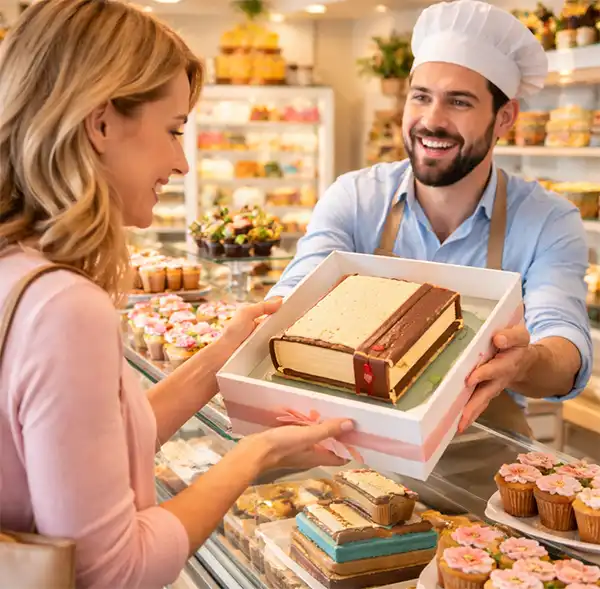 Mother purchasing a realistic edible book cake from a cheerful baker in a cake shop, surrounded by decorated desserts and a glass display case.