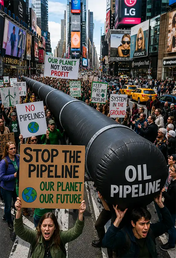 Environmental protesters carry a giant inflatable oil pipeline through a busy shopping district, blocking traffic while calling attention to fossil fuel use.