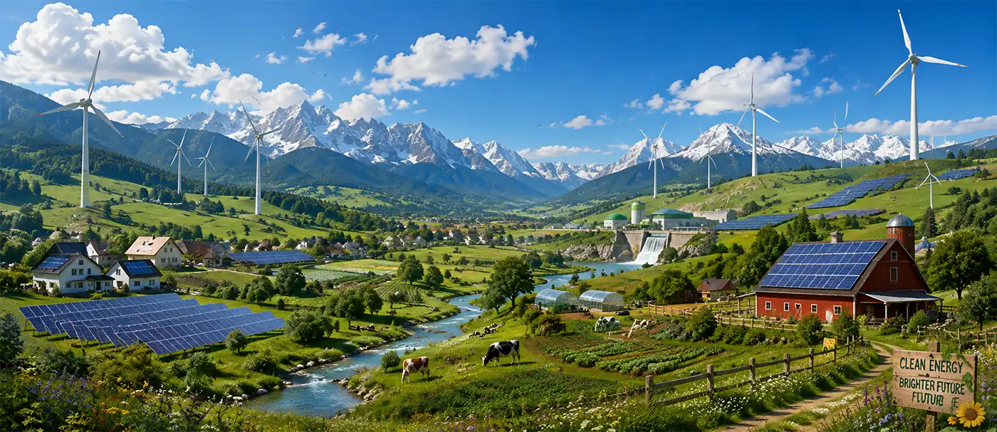 Beautiful countryside with farms, green meadows and distant mountains powered by solar panels, wind turbines and other renewable energy sources.