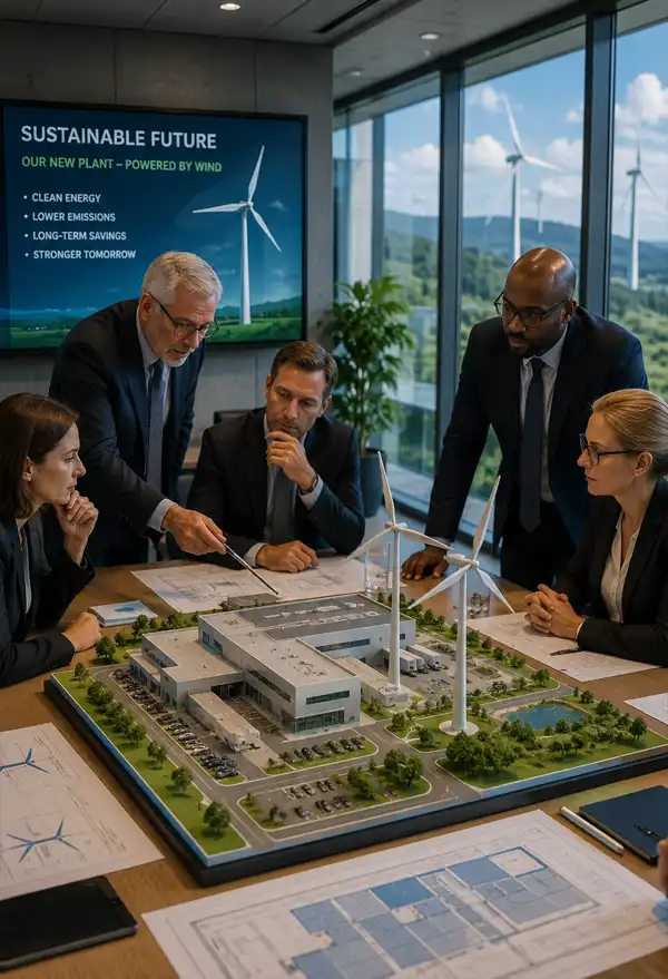 Corporate executives review a model of a new industrial plant featuring large wind turbines as they discuss plans to use wind power.