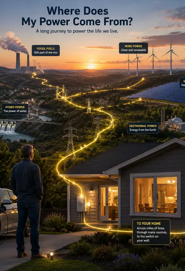 Homeowner looks across a landscape where fossil fuels, wind, solar, hydroelectric and geothermal sources feed electricity through the power grid to his home.