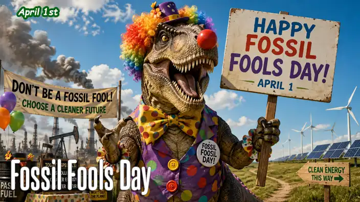Clown-costumed T. rex celebrates Fossil Fools Day between fossil fuel industries and a cleaner landscape of solar panels and wind turbines.