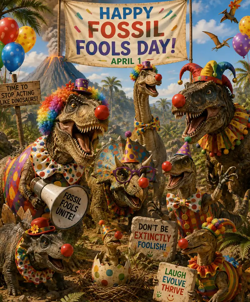 Prehistoric dinosaurs dressed in colorful clown costumes celebrate Fossil Fools Day with balloons, signs and plenty of April Fools' Day silliness.