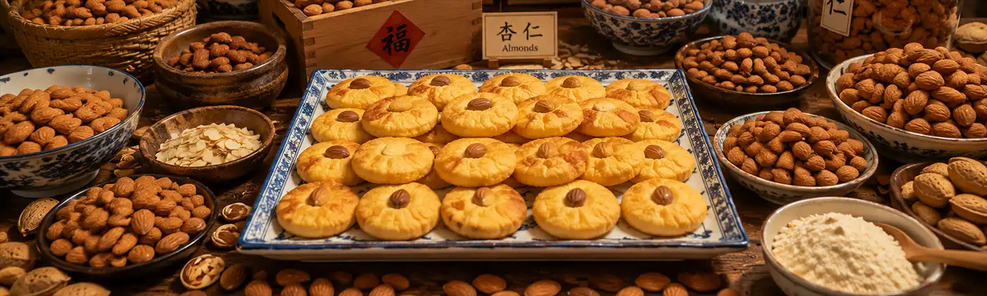 Chinese Almond Cookies Chinese almond cookies arranged on a decorative platter are showcased amid a wide display of almonds and almond ingredients. The golden cookies and rich assortment of nuts create an inviting scene celebrating the key ingredient behind this classic bakery treat.