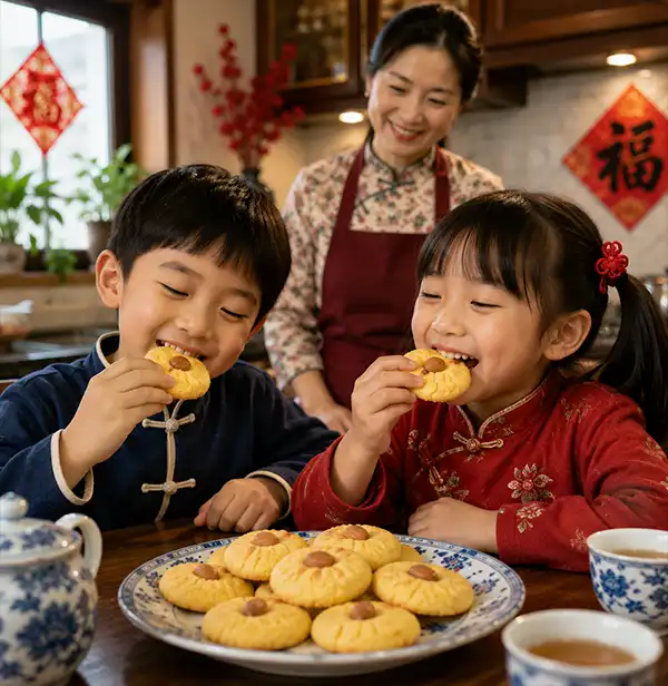 Kids love Chinese Almond Cookies Two Chinese children happily enjoy freshly baked Chinese almond cookies at a family table while their mother smiles proudly in the background. A plate of golden-yellow almond-topped cookies sits between them, creating a warm scene of family, tradition, and homemade treats.