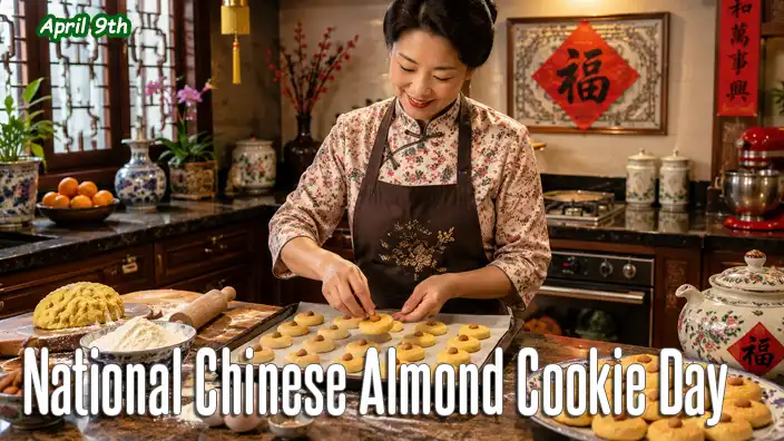 In a warm and well-appointed Chinese kitchen, a smiling mother bakes Chinese almond cookies topped with whole almonds. Fresh dough, baking ingredients, and a plate of golden cookies create a welcoming scene celebrating a beloved bakery tradition.