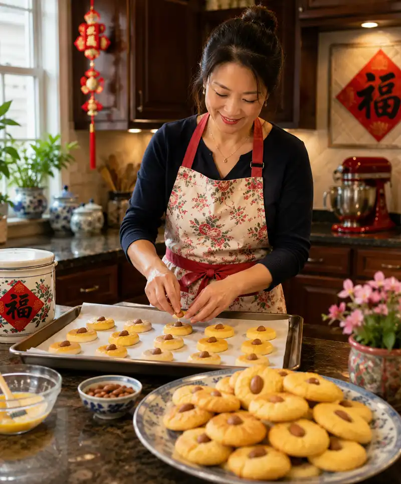 A Chinese American woman prepares golden-yellow Chinese almond cookies in a well-appointed kitchen, carefully placing whole almonds on fresh dough while a decorative plate of finished cookies sits prominently in the foreground.