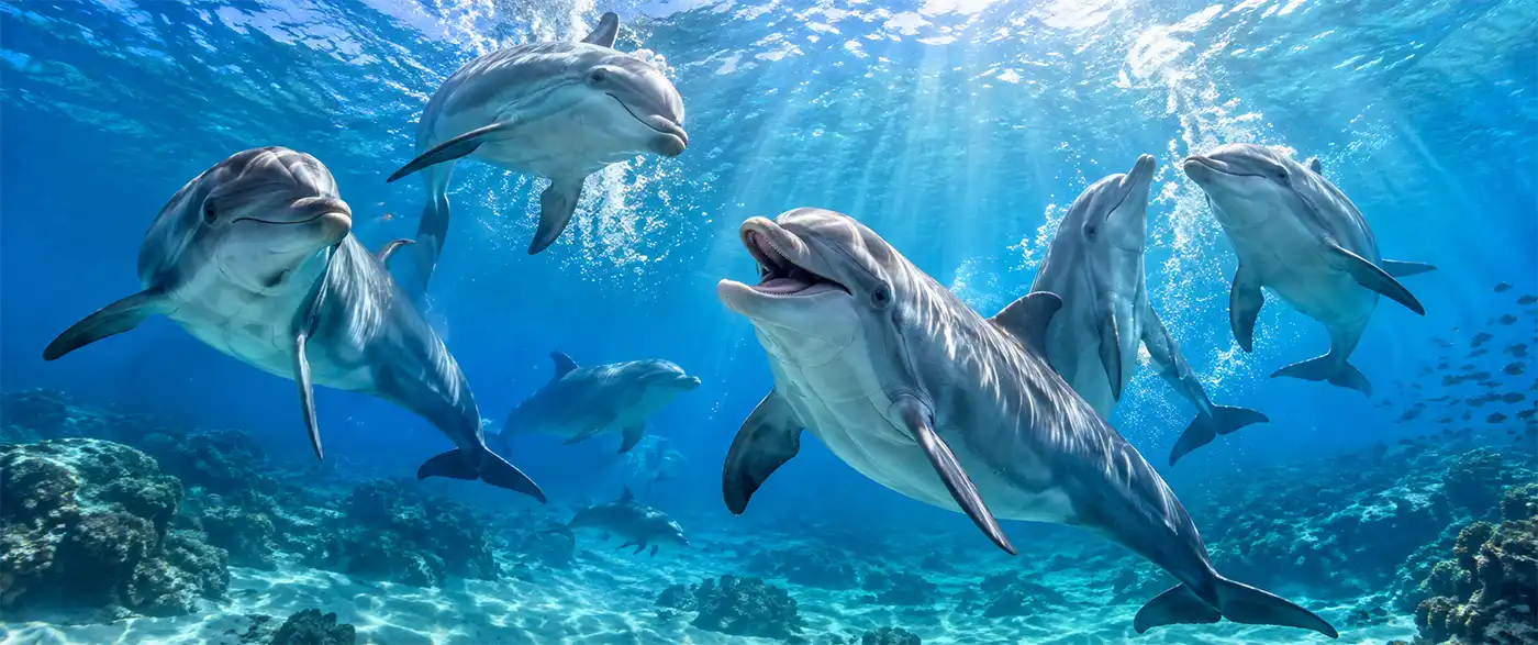 A playful pod of wild bottlenose dolphins swims and twists through clear blue ocean water as sunlight streams down from the surface.