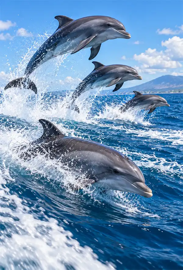 A pod of bottlenose dolphins races through the ocean at high speed, leaping above the water in a spectacular display of porpoising.