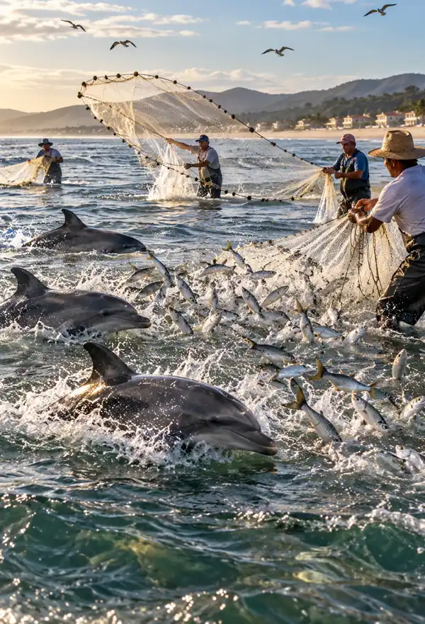 Fishermen cast their nets for mullet in shallow coastal waters as wild dolphins work alongside them, driving the schooling fish toward the waiting nets.