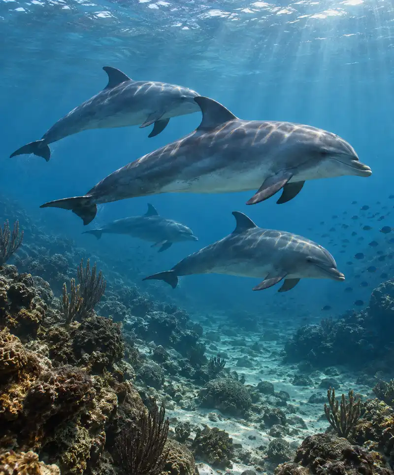 Dolphin swimming through a reef in beautifully clear water