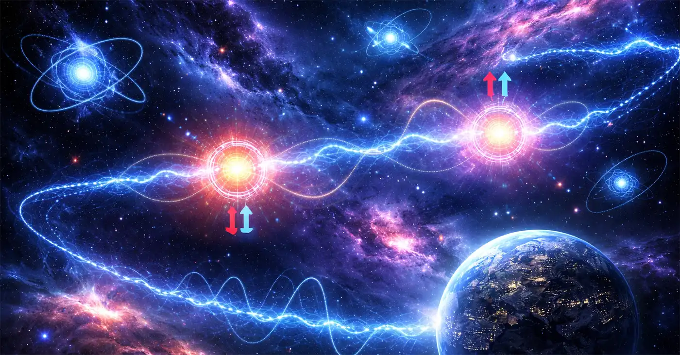 A vibrant cosmic scene shows glowing particles connected by wave-like energy across space, illustrating quantum entanglement on a universal scale with Earth and distant stars in the background.