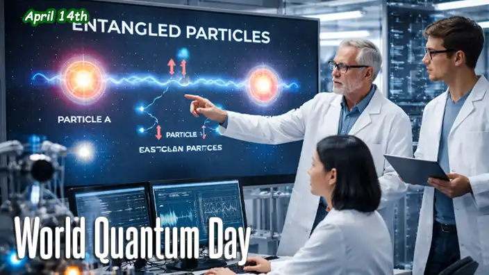 Researchers in a modern laboratory examine a visual model of entangled particles on a large screen while monitoring data and equipment used in quantum physics experiments.