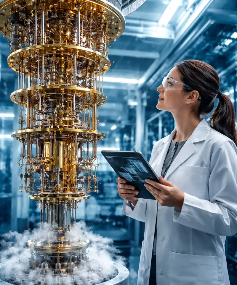 A scientist in a lab coat uses a tablet while examining a complex quantum computing system with intricate wiring and cooling components in a high-tech laboratory.