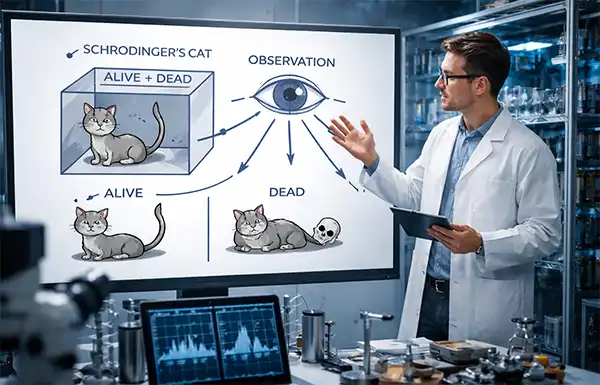 A scientist in a lab explains quantum observation using a diagram of Schrödinger’s cat, showing a cat in a box labeled “alive and dead” with arrows illustrating how observation leads to a single outcome.