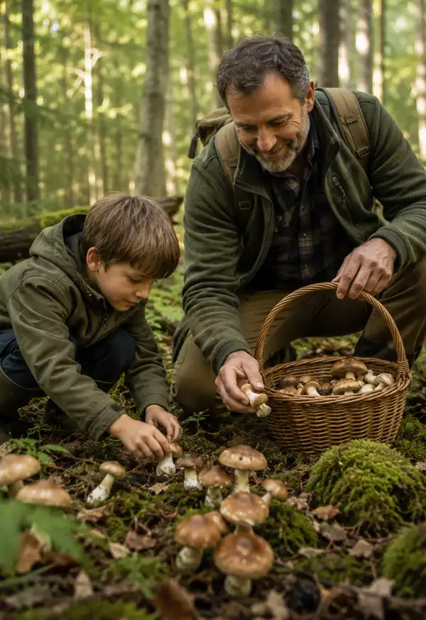 Collecting Nature's Free Bounty A father and his young son gather fresh wild mushrooms in a peaceful forest, carefully placing their harvest into a wicker basket surrounded by moss, ferns, and towering woodland trees.