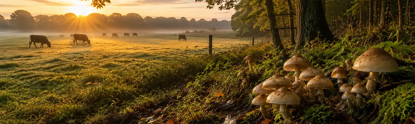 Early Morning Mushrooms with the Dew still on the ground. Wild mushrooms grow along the edge of a peaceful forest overlooking a dew-covered pasture where cattle graze beneath a golden sunrise on a calm summer morning.