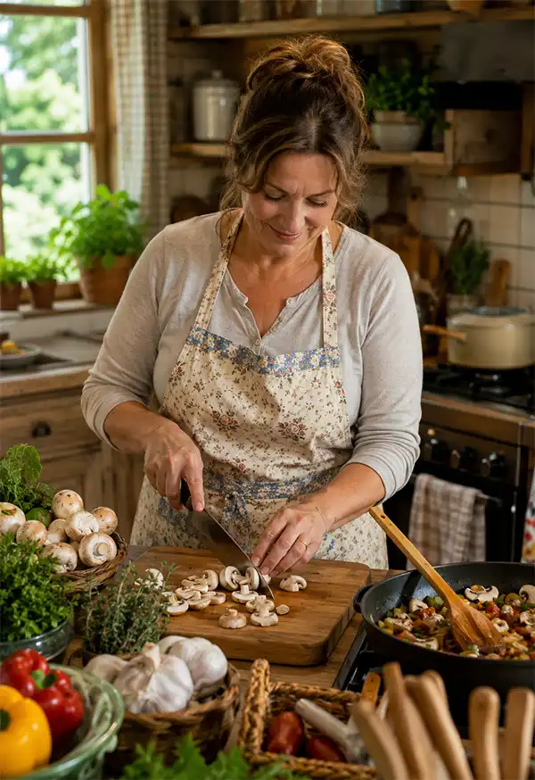 Slicing Fresh Mushrooms A mother slices fresh mushrooms on a wooden cutting board in a warm rural kitchen, surrounded by fresh vegetables and cookware as she prepares a homemade family meal.