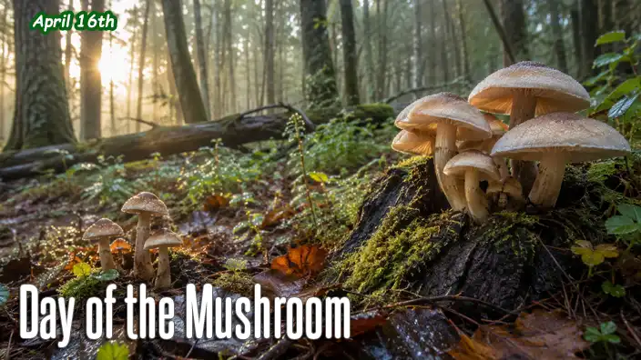 Morning sunlight filters through a peaceful forest where wild mushrooms grow among moss, fallen leaves, and sparkling dew on the woodland floor.