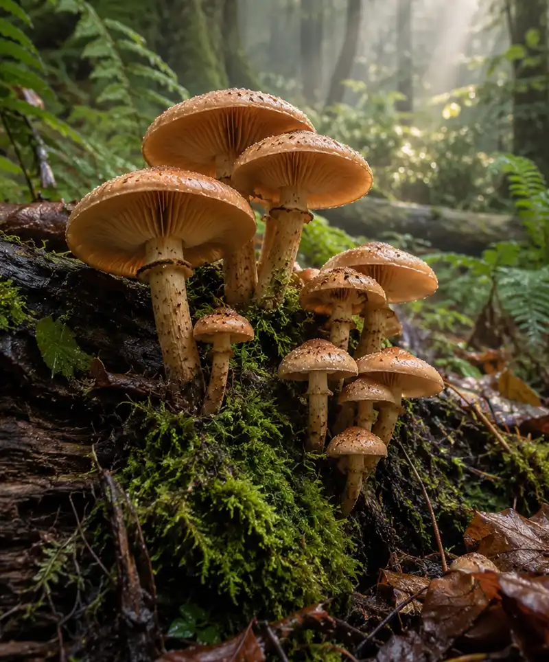 A cluster of wild mushrooms grows from a moss-covered fallen log in a misty forest at sunrise, surrounded by ferns, dew-soaked leaves, and soft rays of morning light.
