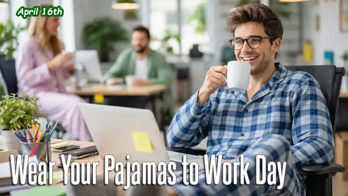 Office worker in pajama set smiles while using a laptop at his desk, with coworkers and a casual office environment in the background.