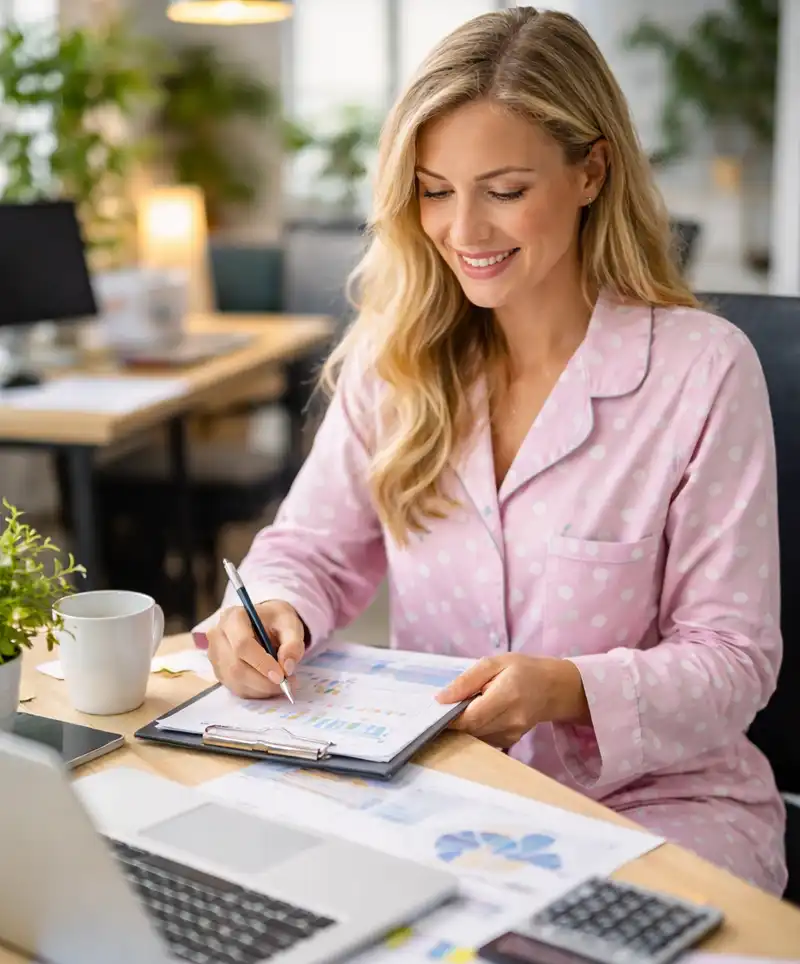 Woman wearing pink polka dot pajamas sits at her desk reviewing charts and writing a report, with a laptop and office supplies spread out in a bright workspace.