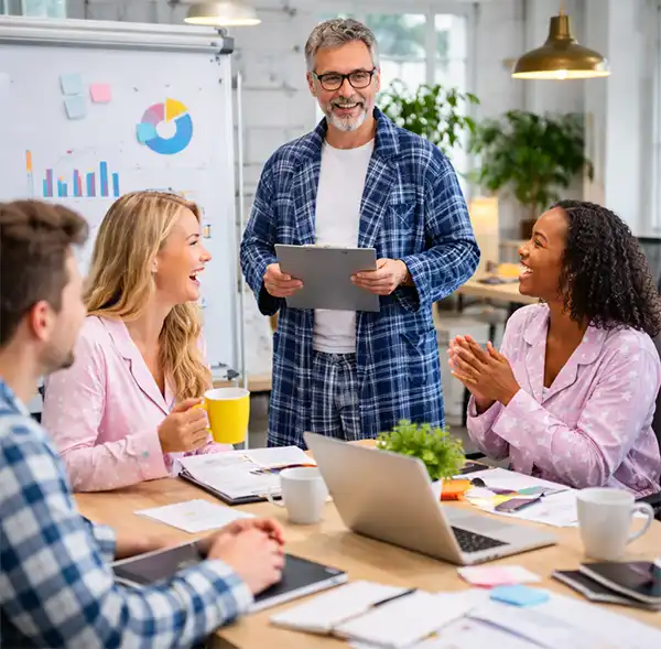 Business Meeting - In PJs Boss in a robe leads a cheerful office meeting while coworkers in pajamas laugh and listen around a table with laptops and notes.