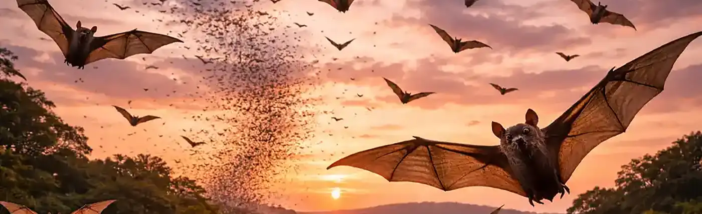 Time to Hunt. Bats emerging from a cave by their thousands as the sun goes down