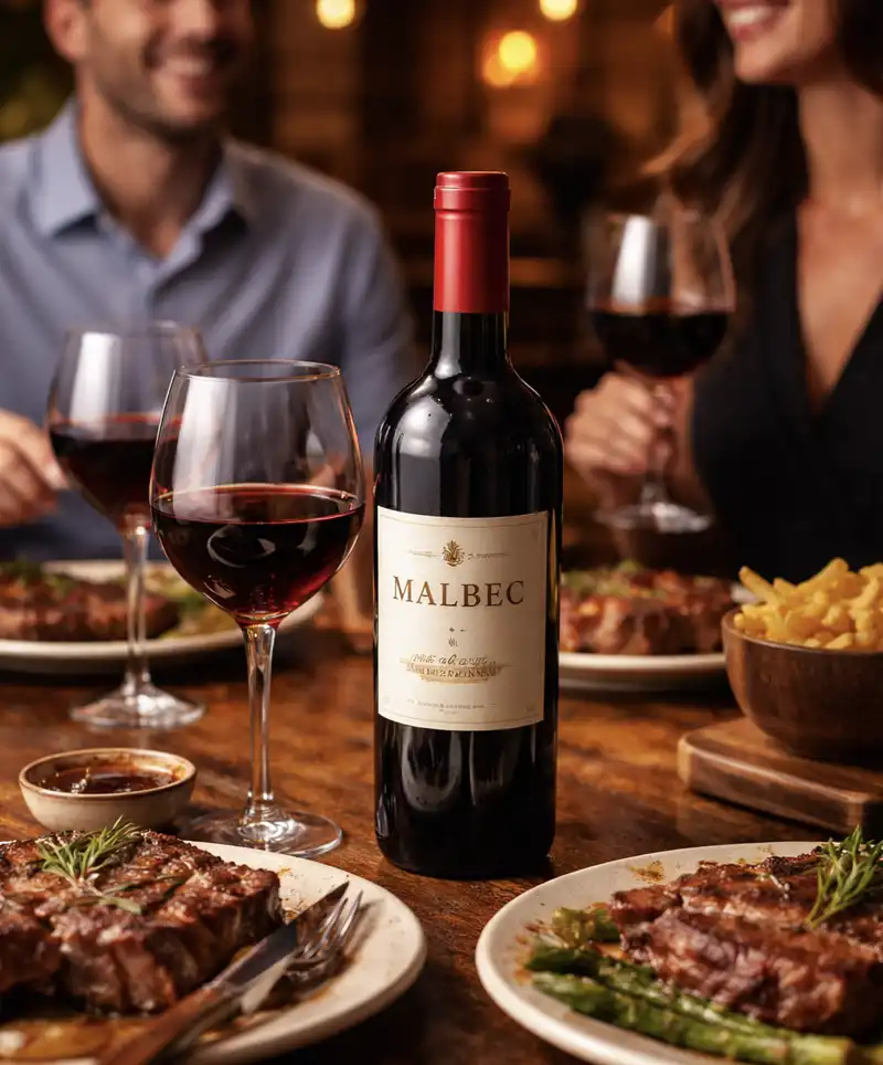 Bottle of Malbec wine on a steakhouse table with two glasses of red wine while a couple enjoys steak dinner in the background.