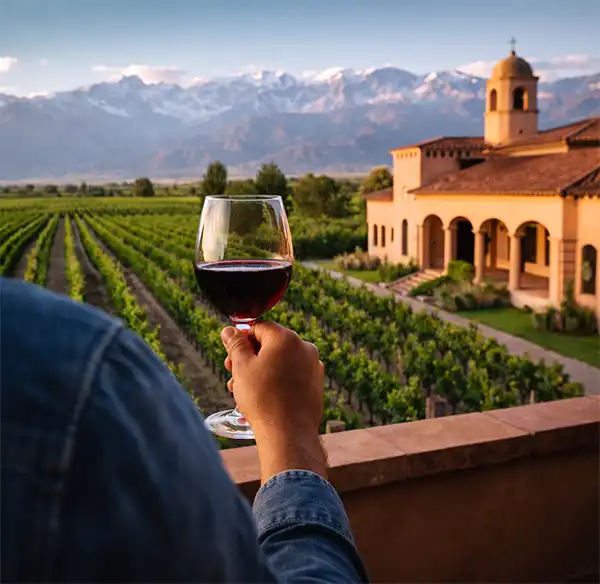 Person holding a glass of Malbec on a balcony overlooking an Argentine vineyard with traditional winery architecture and the Andes Mountains in the background.