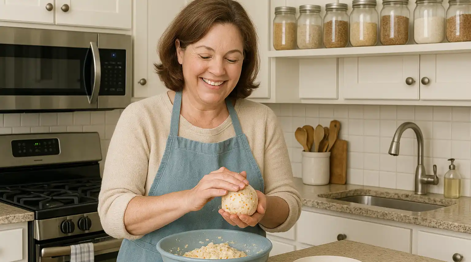 Mother creating a Cheeseball in her kitchen