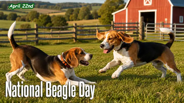 Two energetic Beagles play together in a sunlit farm field, one bowing playfully while the other leaps forward. A red barn and split-rail fence stand in the background, creating a classic rural hunting-dog scene.