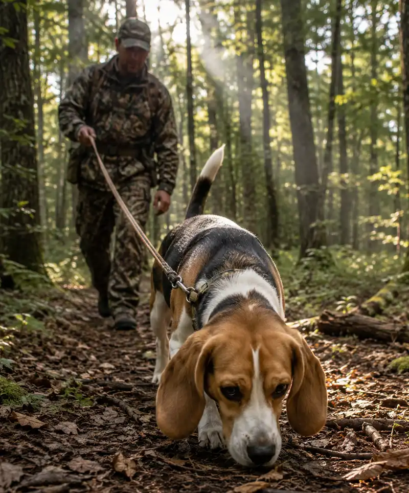A determined Beagle follows a scent trail through a dense woodland forest, nose close to the ground and ears hanging low as it works. Behind the dog, a handler in camouflage clothing follows closely through the sunlit trees, showcasing the Beagle's exceptional tracking abilities in a natural hunting environment.