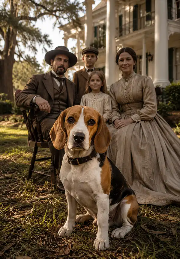 A proud Beagle sits in the foreground of a family portrait outside a grand Southern antebellum home in the late 1800s. Dressed in period clothing, the family poses behind their loyal hunting companion, while stately columns, sprawling oak trees, and warm afternoon light create a classic American historical scene.