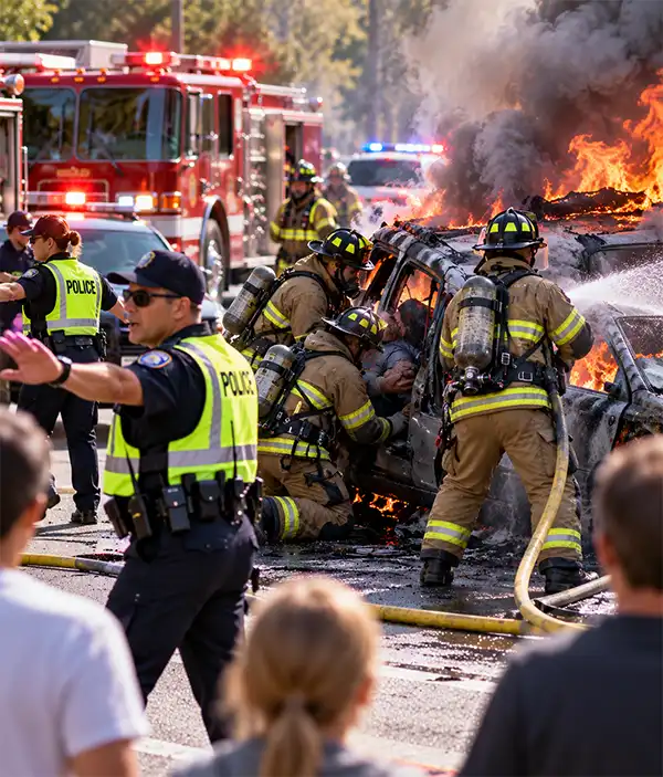 Superheroes at work Police officers secure the scene as firefighters rescue a person from a burning vehicle and work to extinguish the blaze.