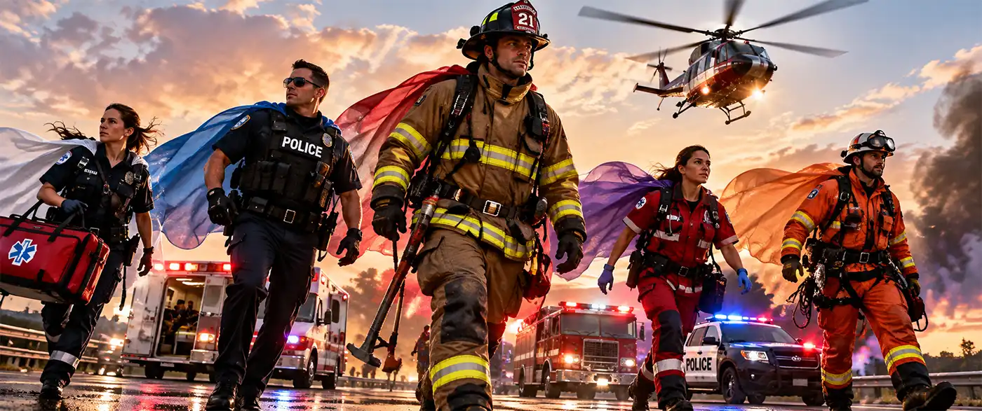 Heroes on the job Emergency service workers in full gear stride toward an incident with faded superhero capes flowing behind them as emergency vehicles arrive.