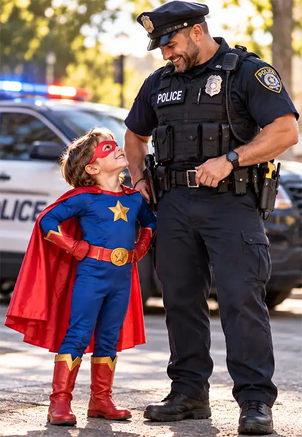 Real Life Superhero A child dressed as a superhero looks admiringly at a smiling police officer, celebrating the real-life heroes who serve their communities.