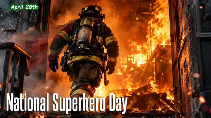 Firefighter in full protective gear running into a burning building, with a faint superhero cape flowing behind him.
