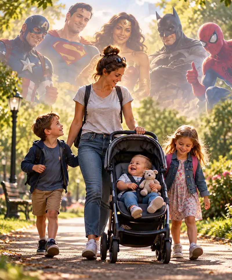 A mother walks with her three children through a sunny park as faded superheroes in the background look on approvingly.