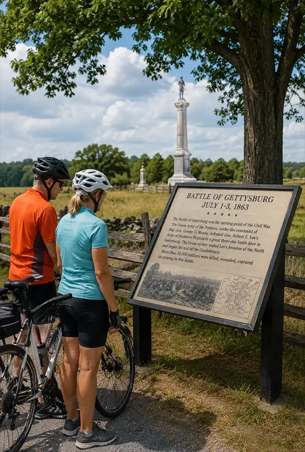 Teaching History Two cyclists pause at a Civil War battlefield in Virginia to read a historic marker, with monuments, open fields, and preserved battlefield grounds stretching into the distance beneath a sunny sky.