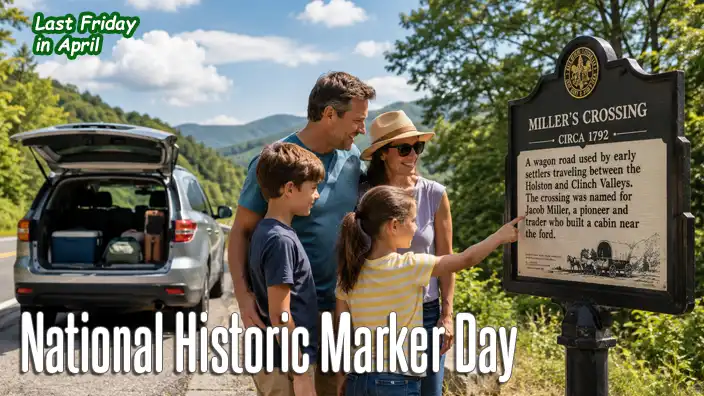Family on a road trip stops at a historic roadside marker along a scenic country road, reading about local history on a sunny day.