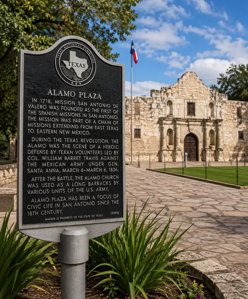 Historic Alamo Plaza marker stands in the foreground with the famous Alamo Mission in the background on a bright day in San Antonio, Texas, highlighting one of America's most significant historic sites.