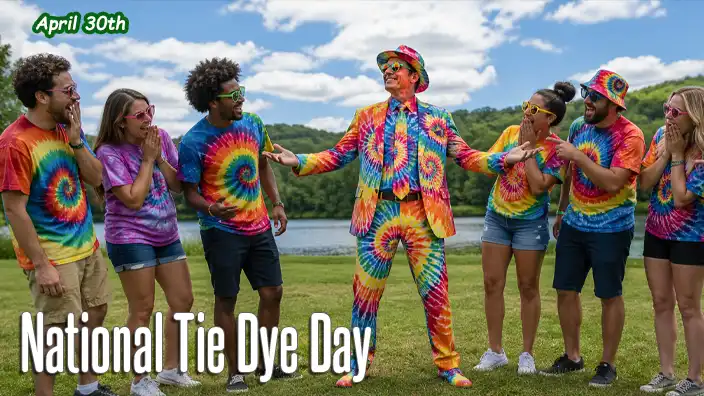 Group of people wearing colorful tie-dye T-shirts laughing and admiring a man dressed head-to-toe in a bright tie-dye suit during an outdoor gathering