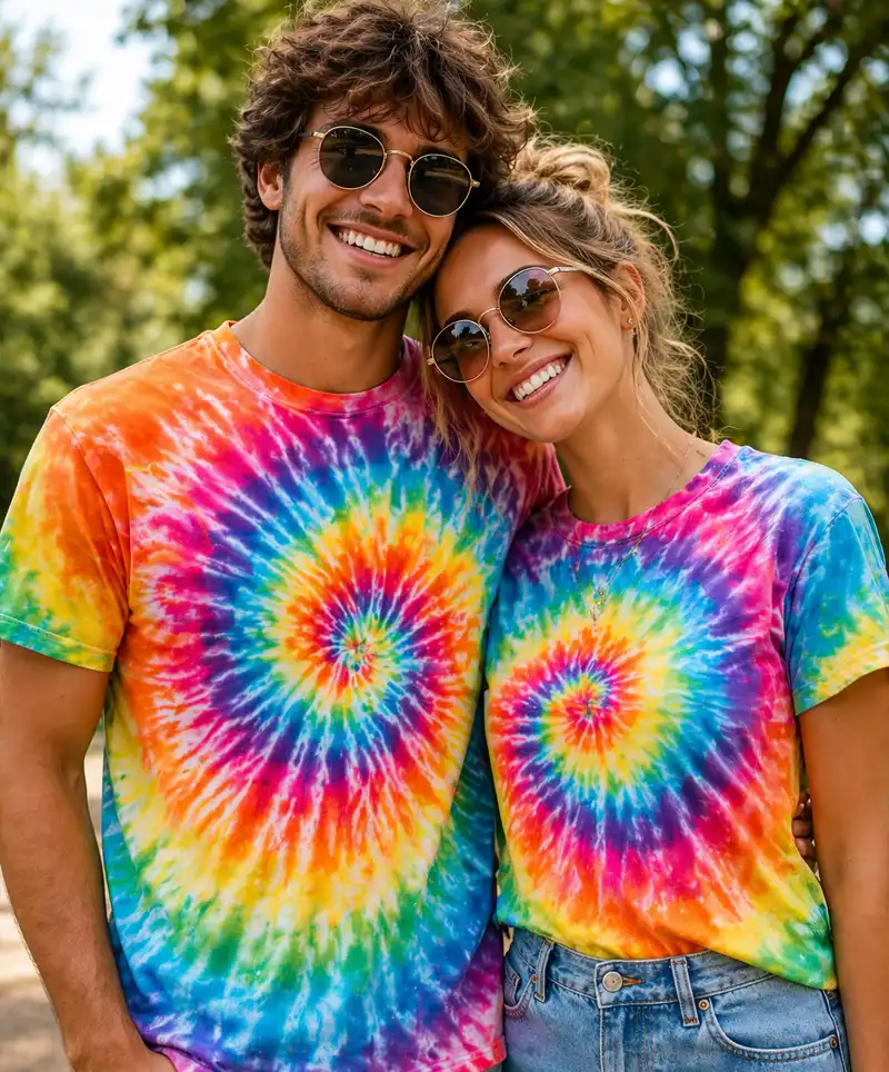 Couple smiling outdoors while wearing bright, colorful tie-dye T-shirts, standing close together in a sunny park setting