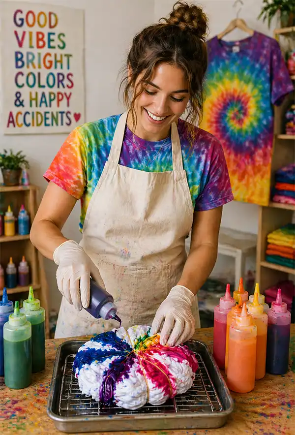 Person wearing a colorful tie-dye T-shirt and plain apron applying dye to a twisted shirt, surrounded by bottles of bright fabric dye in a creative workspace