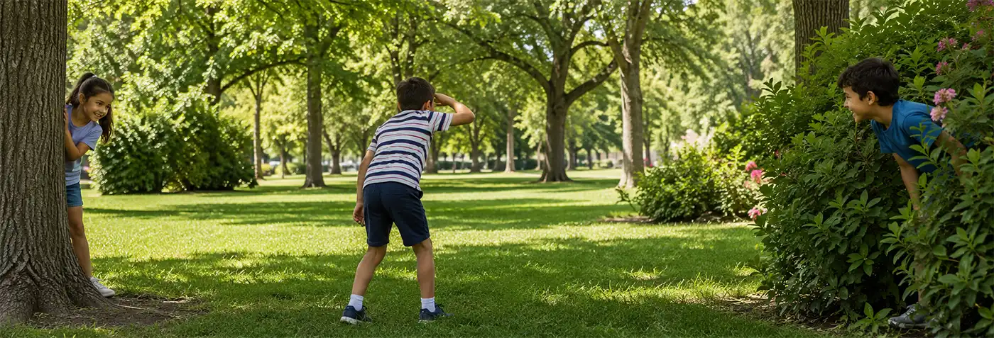 Children play a lively game of hide-and-seek in a sunny park as one child searches while two others peek from behind a tree and a flowering bush, waiting to be discovered.