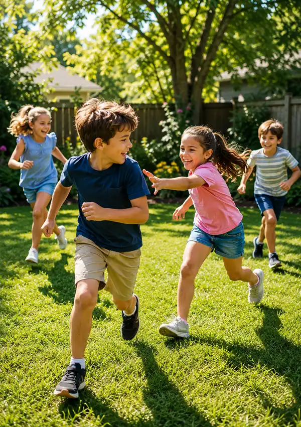 Four children laugh and race across a sunny backyard while playing an energetic game of tag on the grass.