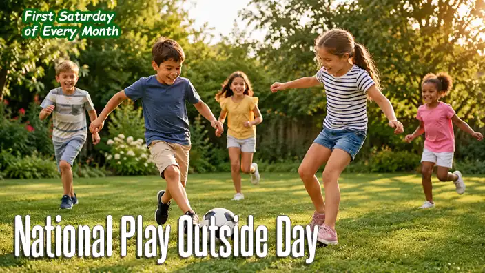 A group of children laugh and run across a grassy park while playing with a soccer ball on a sunny afternoon during National Play Outside Day.